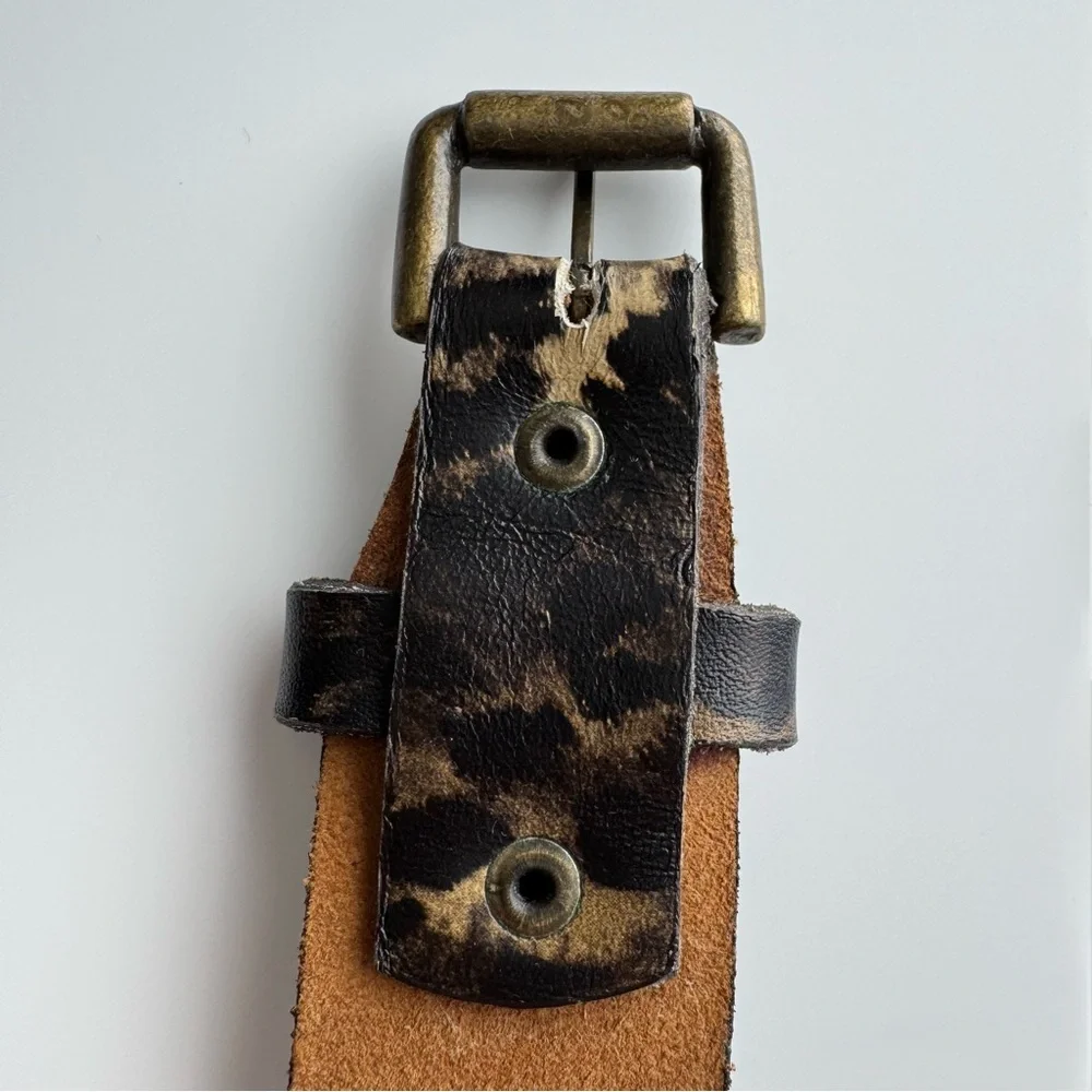PERRY ELLIS Invisible‎ Buckle Belt S Leopard Print Leather Neutral Casual